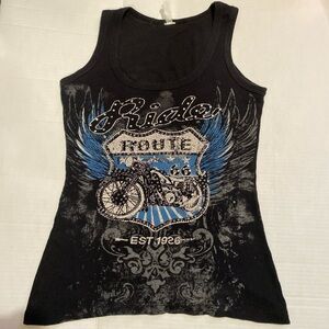 Rhinestone tank top, y2k grunge motorcycle blue white checkered flags